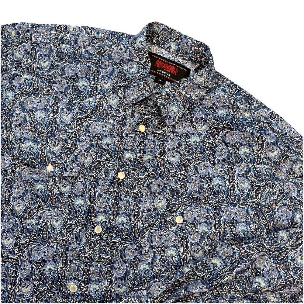 Rock-N-Roll Cowboy Mens Sz XL Modern Fit Western Pearl Snap Blue Paisley